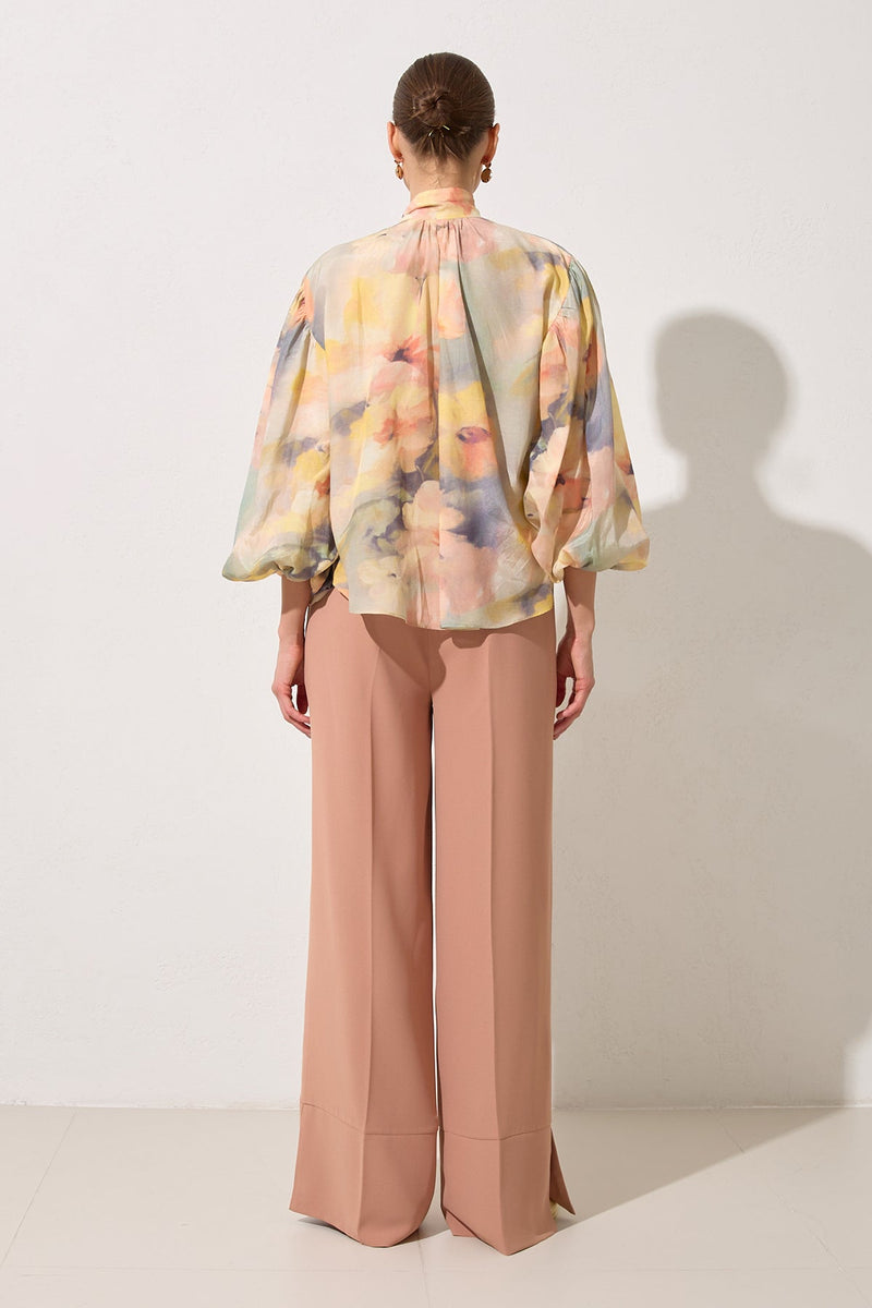 Setre Neck Tie Detailed Long Sleeve Patterned Blouse Mint