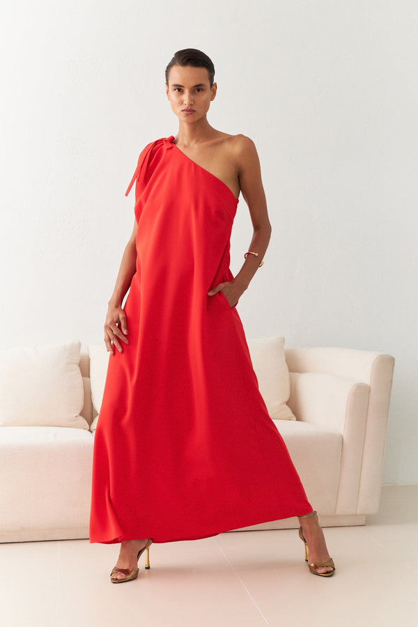 Setre One Shoulder Midi Dress Red