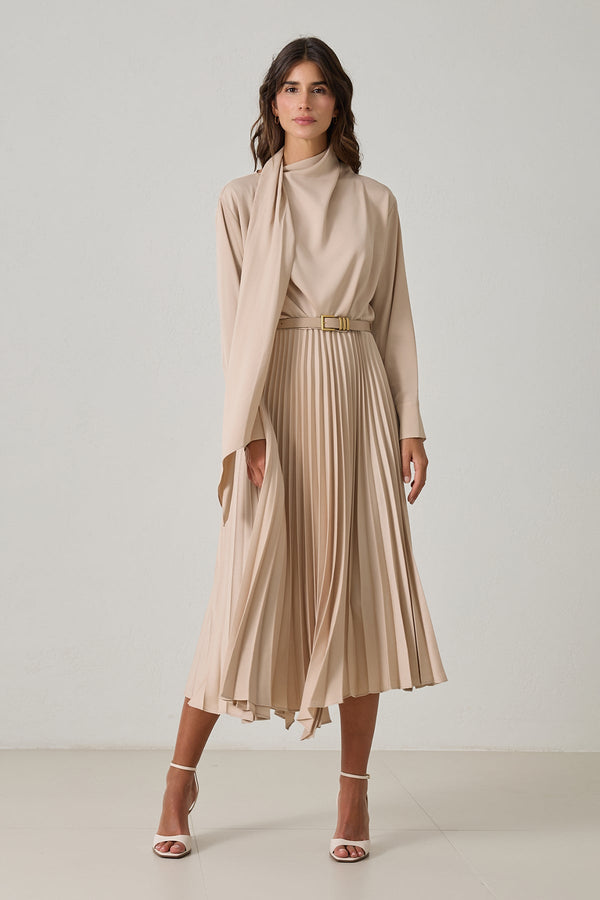 Setre Belt Detailed Pleated Midi Dress Mink