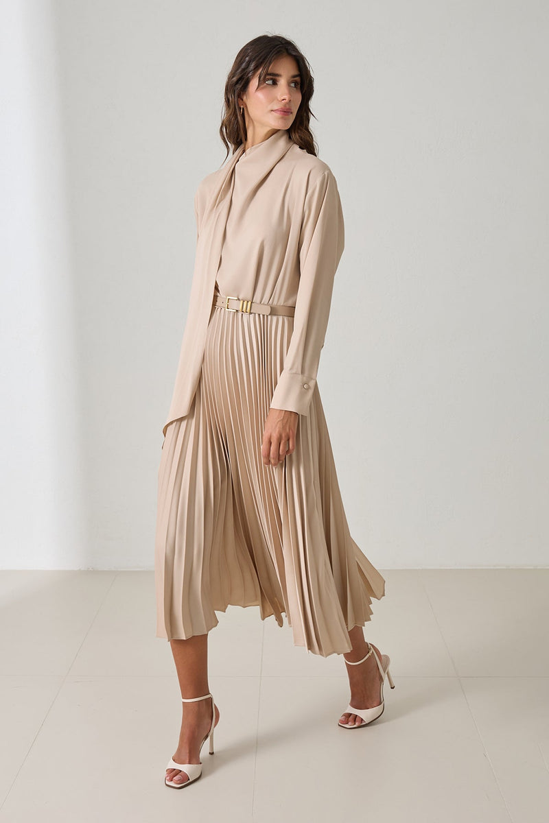 Setre Belt Detailed Pleated Midi Dress Mink