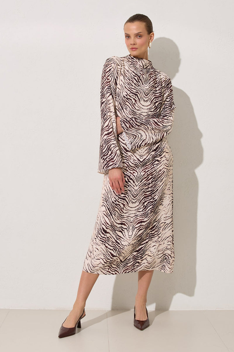 Setre Waist Belt Detailed Long Sleeve Patterned Dress Burgundy/Offwhite