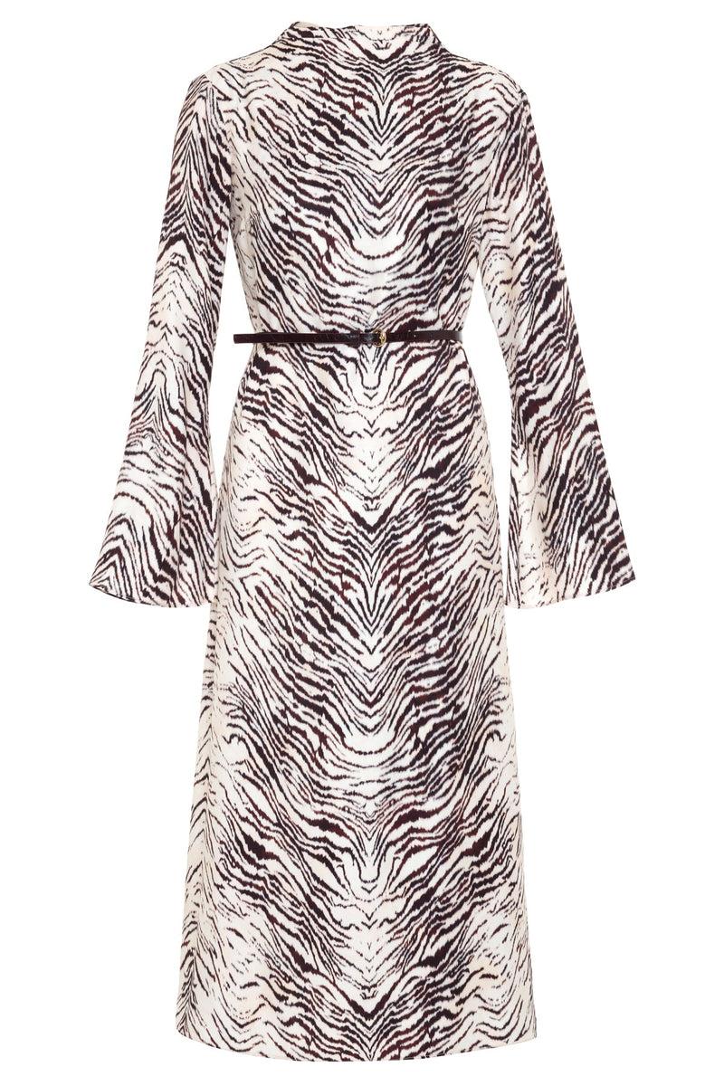 Setre Waist Belt Detailed Long Sleeve Patterned Dress Burgundy/Offwhite