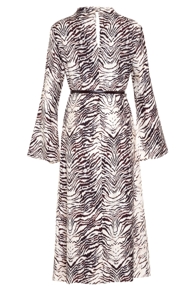 Setre Waist Belt Detailed Long Sleeve Patterned Dress Burgundy/Offwhite