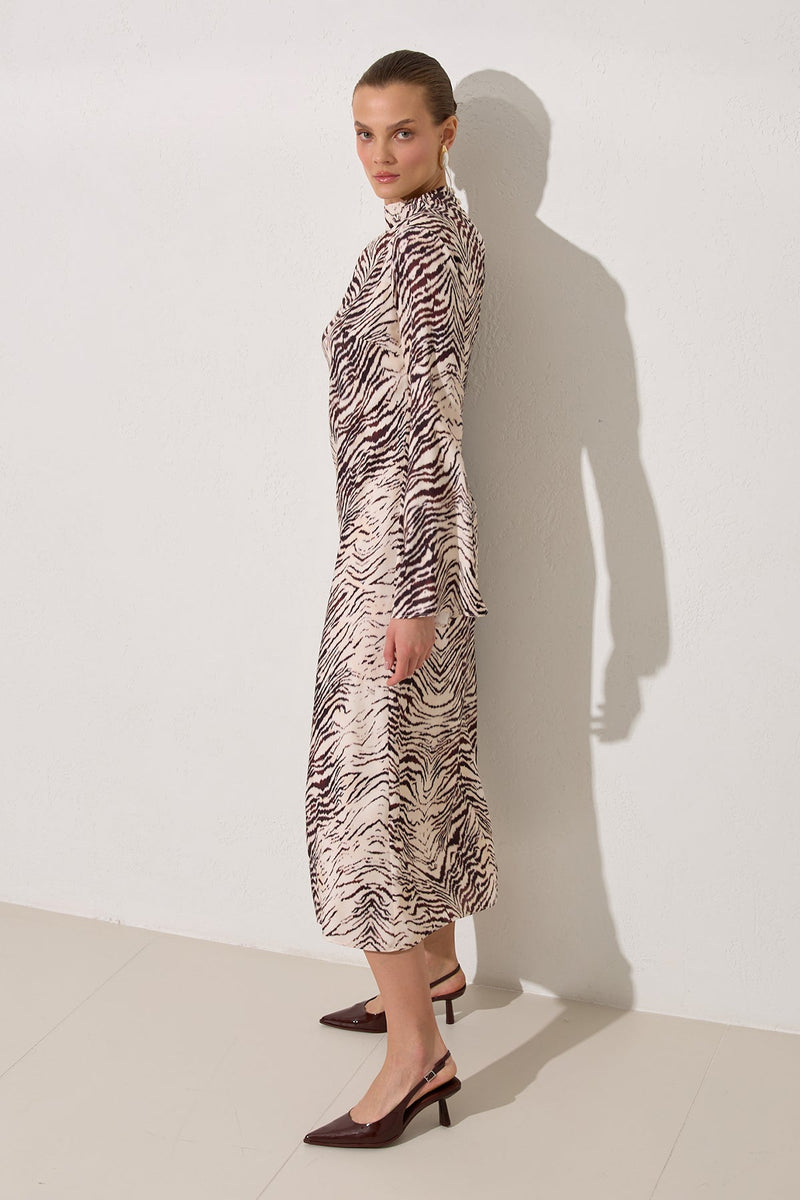 Setre Waist Belt Detailed Long Sleeve Patterned Dress Burgundy/Offwhite