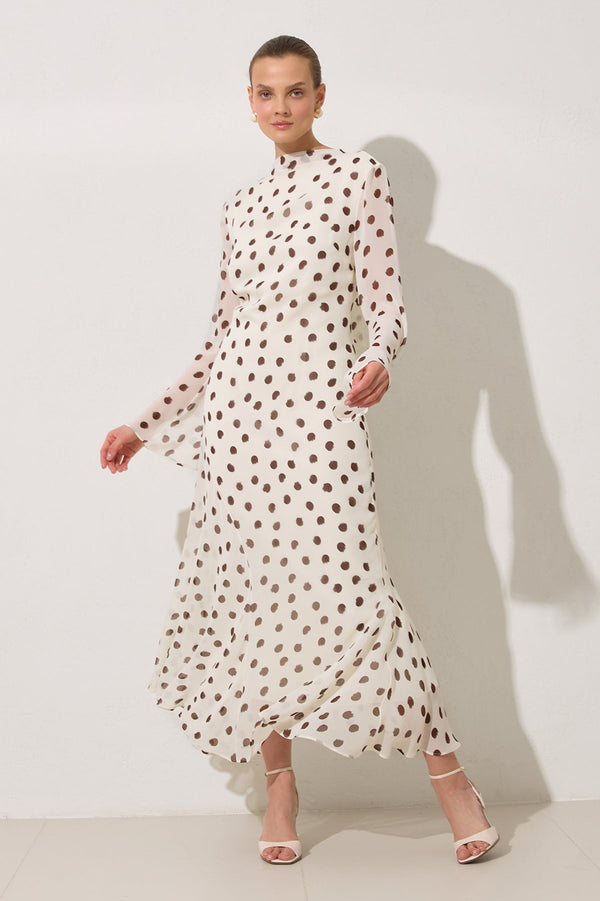 Setre Polka Dot Dress With Waist-Sleeved Collar And Sleeve Details Ecru-Brown