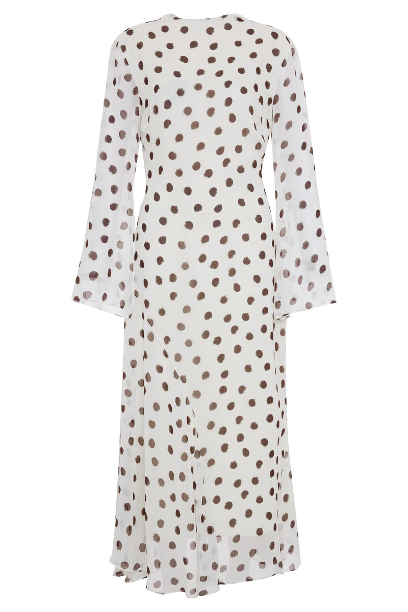 Setre Polka Dot Dress With Waist-Sleeved Collar And Sleeve Details Ecru-Brown