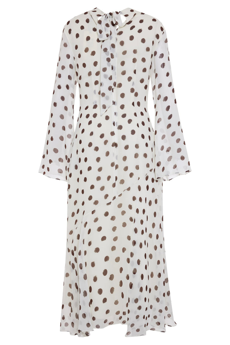 Setre Polka Dot Dress With Waist-Sleeved Collar And Sleeve Details Ecru-Brown