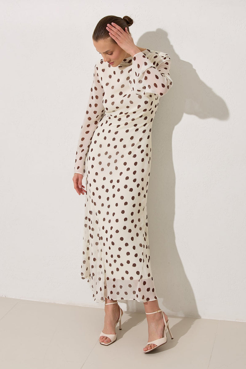 Setre Polka Dot Dress With Waist-Sleeved Collar And Sleeve Details Ecru-Brown