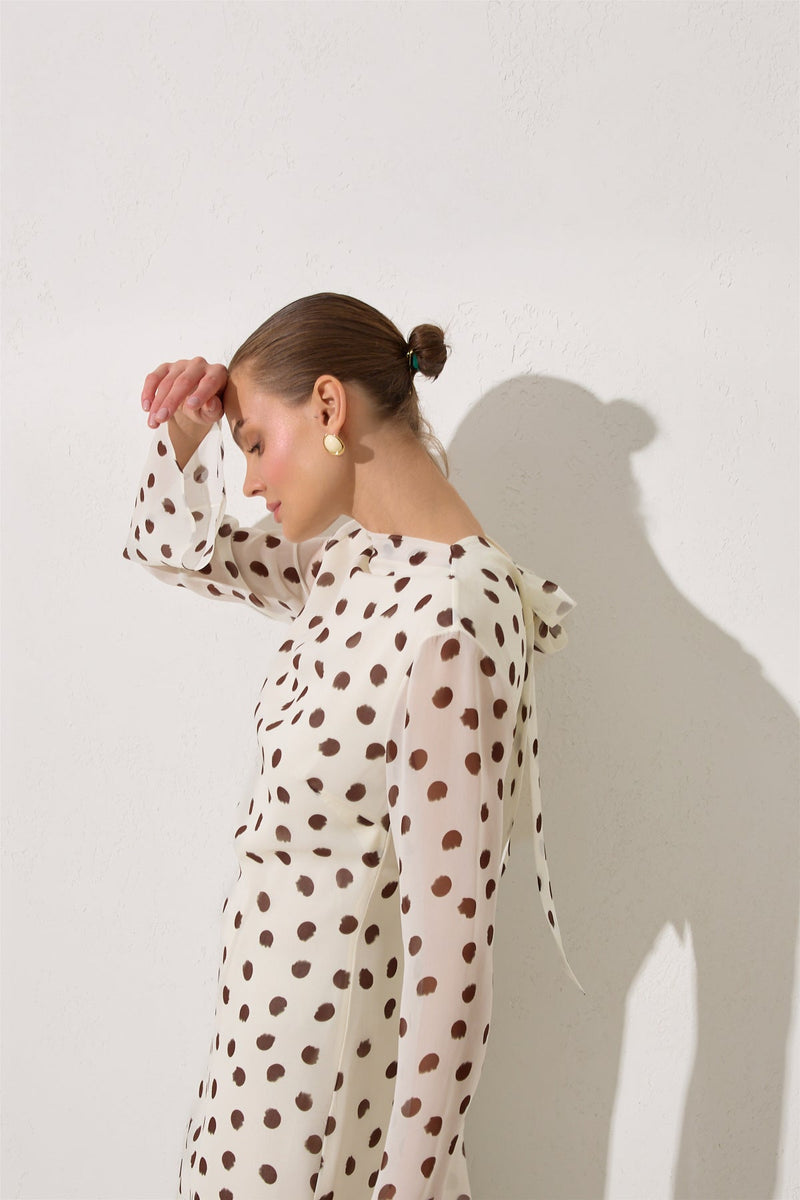 Setre Polka Dot Dress With Waist-Sleeved Collar And Sleeve Details Ecru-Brown
