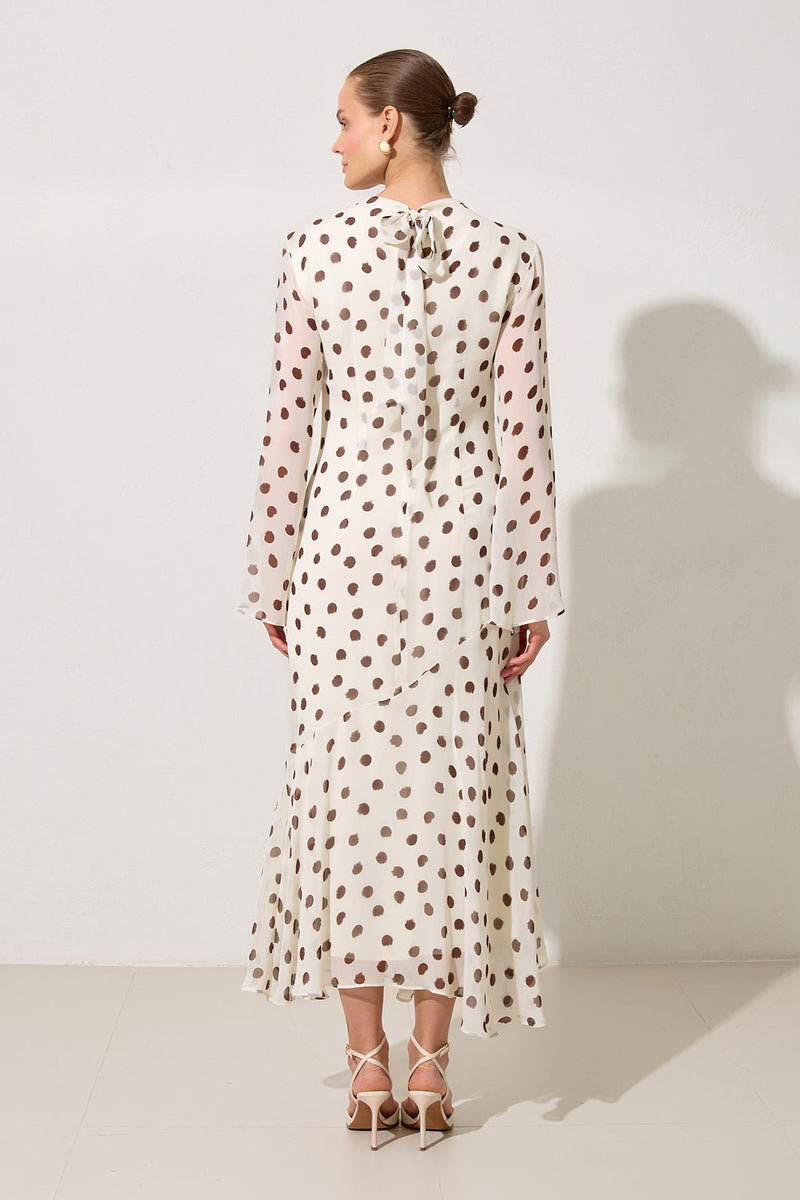 Setre Polka Dot Dress With Waist-Sleeved Collar And Sleeve Details Ecru-Brown