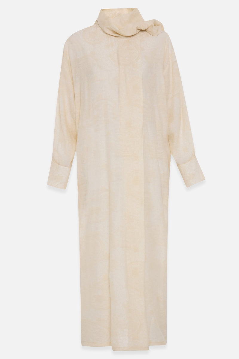 Setre Collar Lace Detailed Patterned Dress Light Yellow