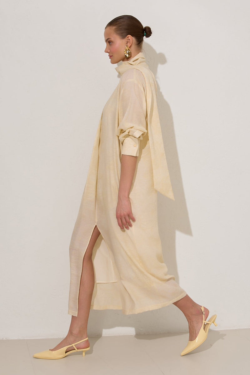Setre Collar Lace Detailed Patterned Dress Light Yellow