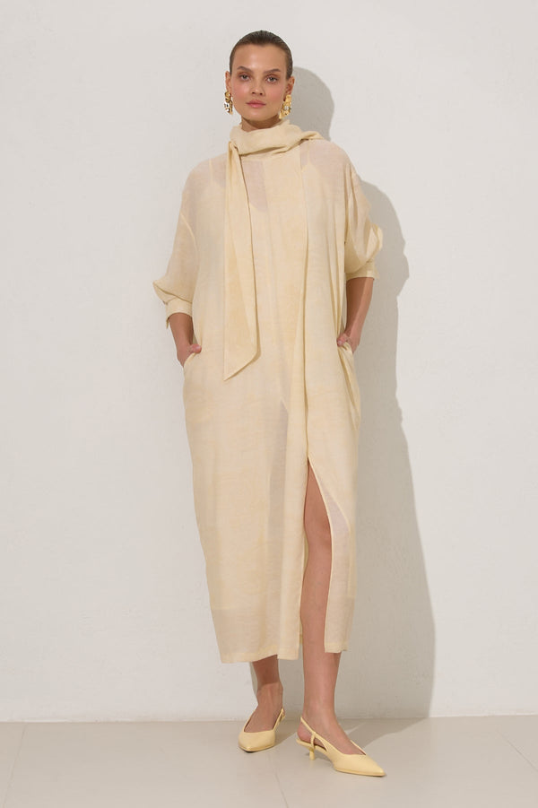 Setre Collar Lace Detailed Patterned Dress Light Yellow