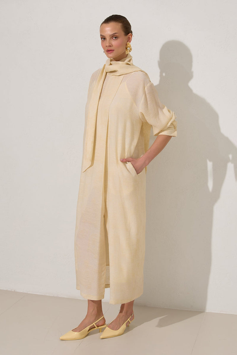 Setre Collar Lace Detailed Patterned Dress Light Yellow