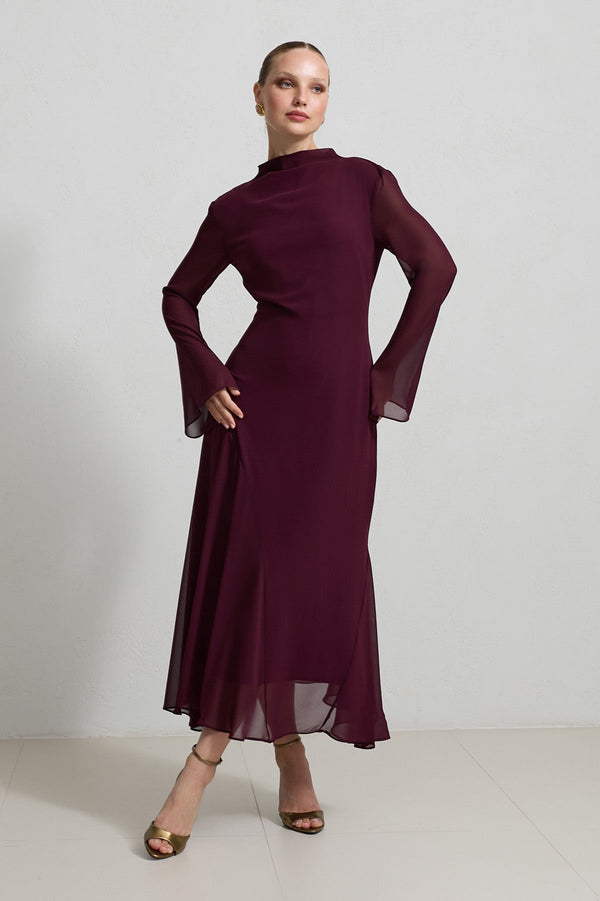 Setre Transparent Sleeve Solid Dress Cherry