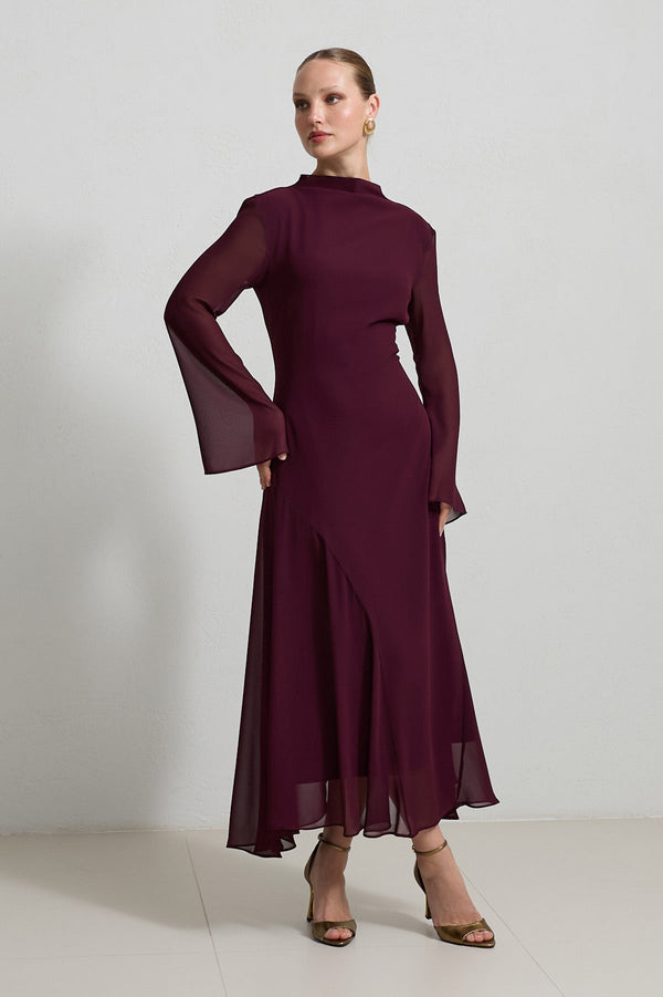 Setre Transparent Sleeve Solid Dress Cherry