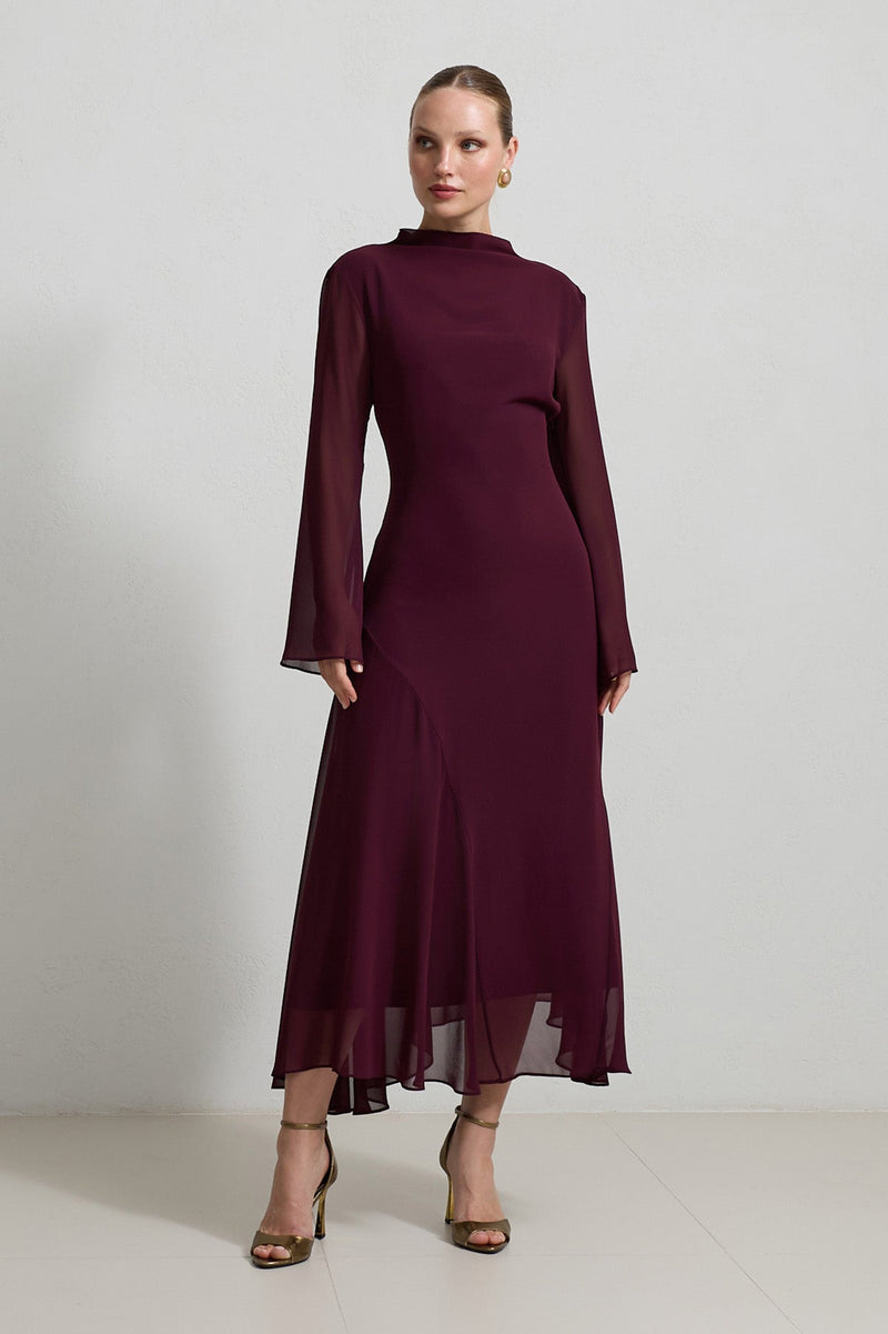 Setre Transparent Sleeve Solid Dress Cherry