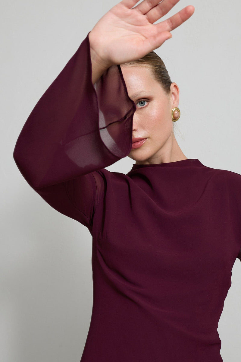 Setre Transparent Sleeve Solid Dress Cherry