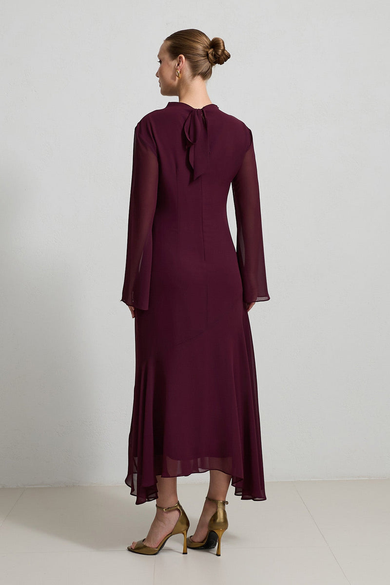 Setre Transparent Sleeve Solid Dress Cherry
