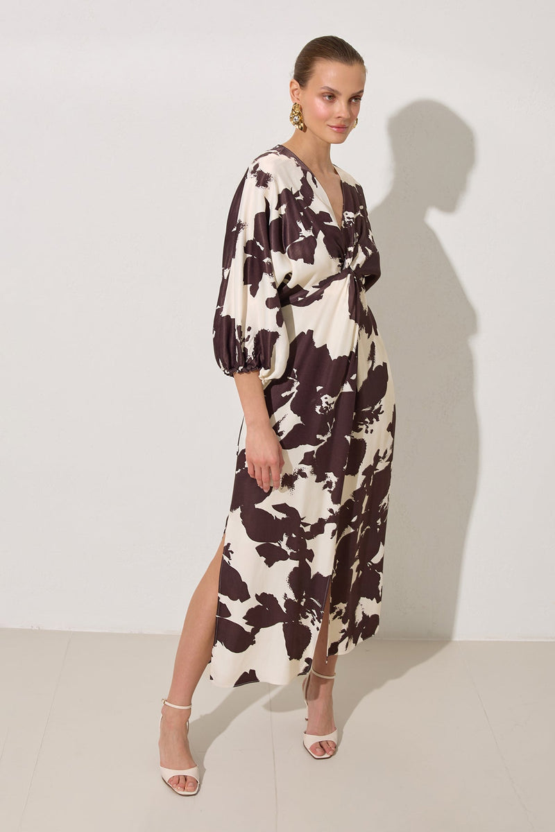 Setre Collar Detailed Relaxed Cut Patterned Dress Ecru-Brown