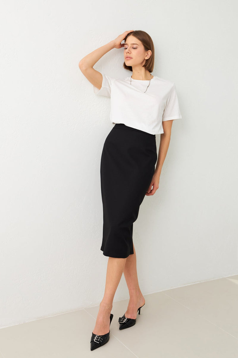 Setre Waist Fitted Midi Length Pencil Skirt Black