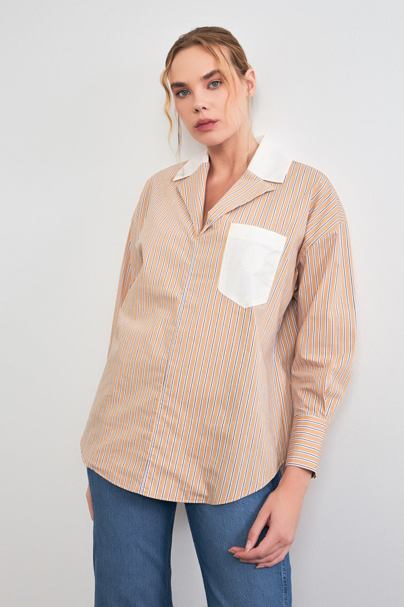 Setre V-Neck Striped Shirt Camel