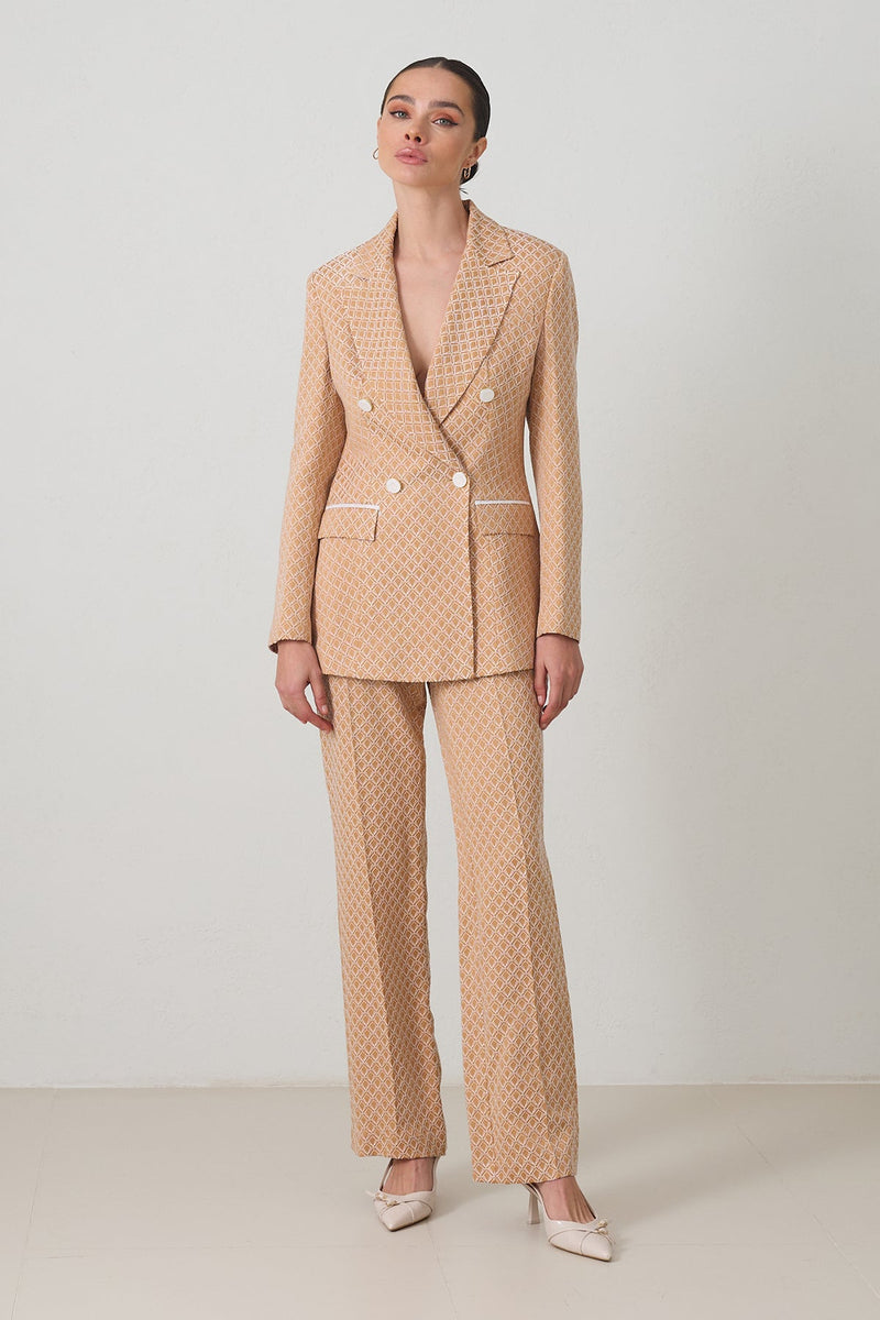 Setre Buttoned Jacket, Waist Detailed Trousers Patterned Suit Beige