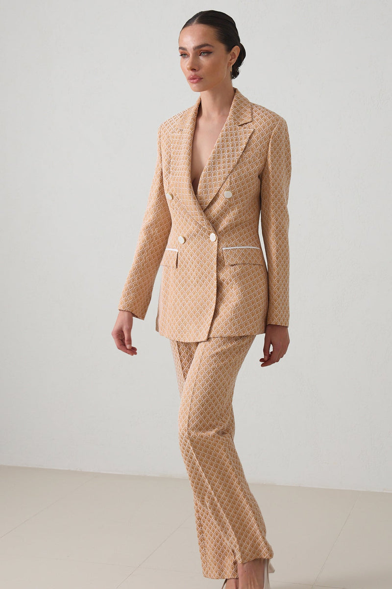 Setre Buttoned Jacket, Waist Detailed Trousers Patterned Suit Beige