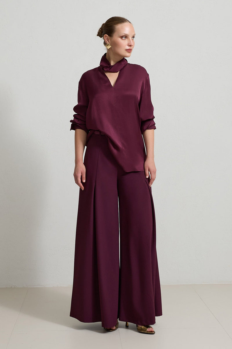 Setre V-Neck And Neck Detailed Relaxed Cut Blouse Burgundy