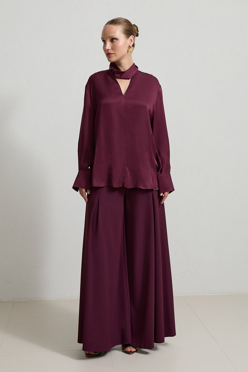 Setre V-Neck And Neck Detailed Relaxed Cut Blouse Burgundy