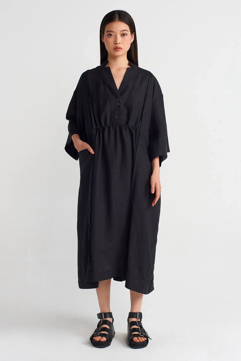 Nu V-Neck Midi Linen Dress Black