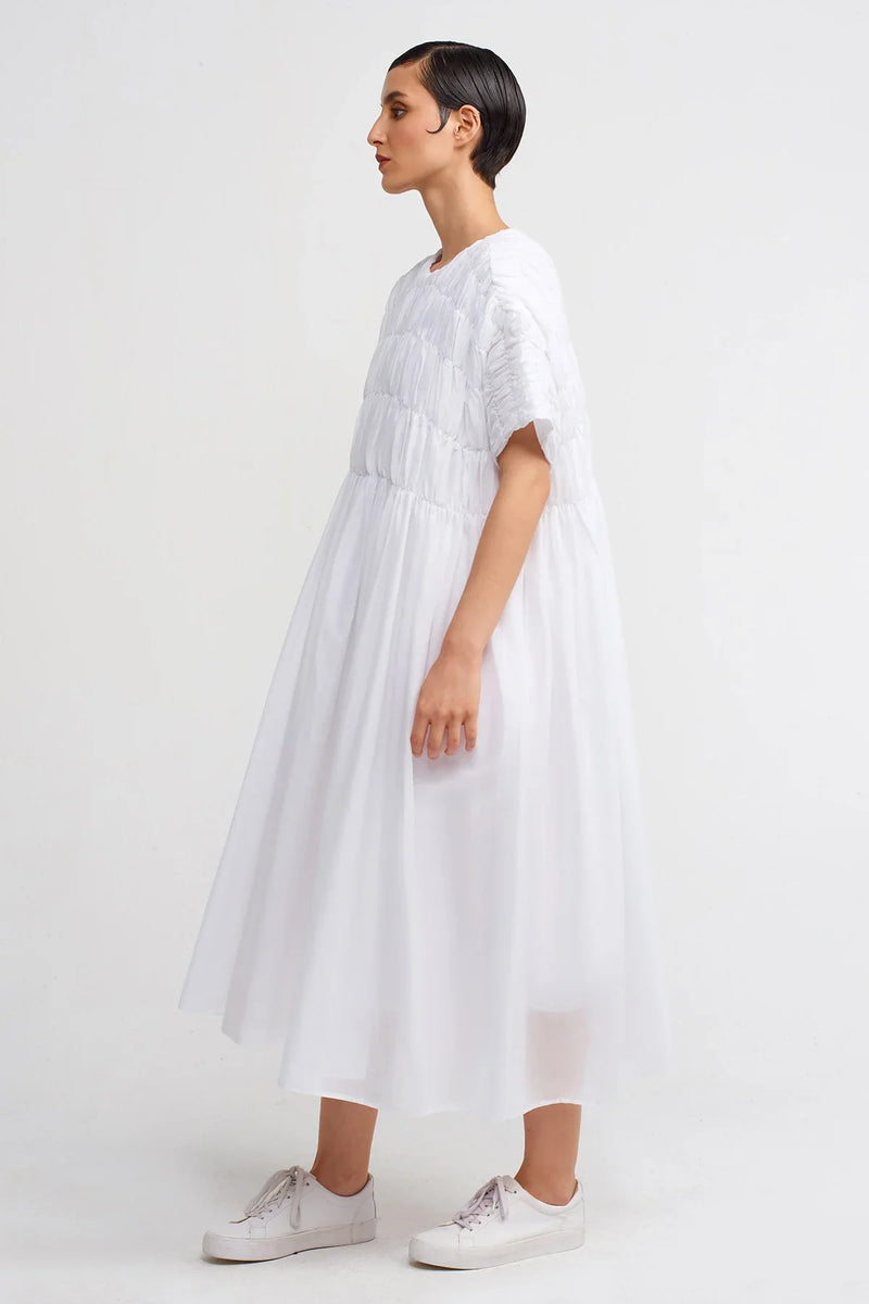 Nu Rubber Embroidery Midi Length Loose Dress Off White