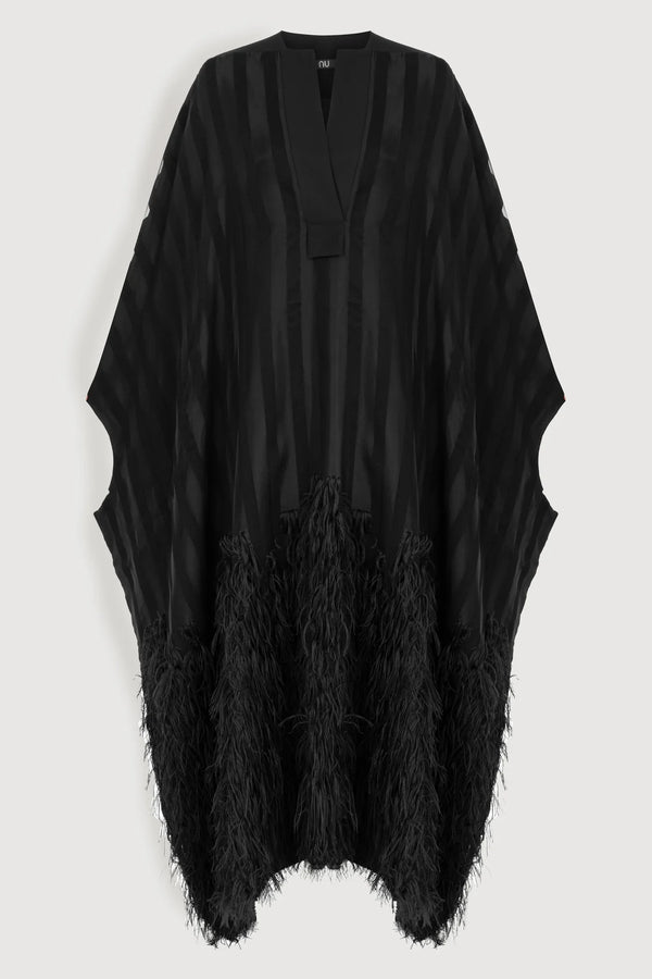 Nu Feathered Hem Long Kaftan Dress Black