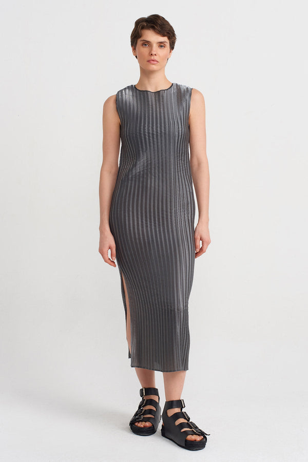 Nu Crew Neck Sleeveless Pleated Dress Silver