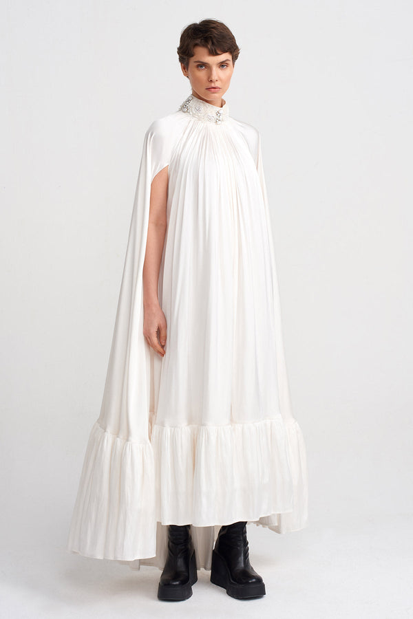 Nu Embroidered Collar, Cape Sleeve Elegant Long Dress Off White