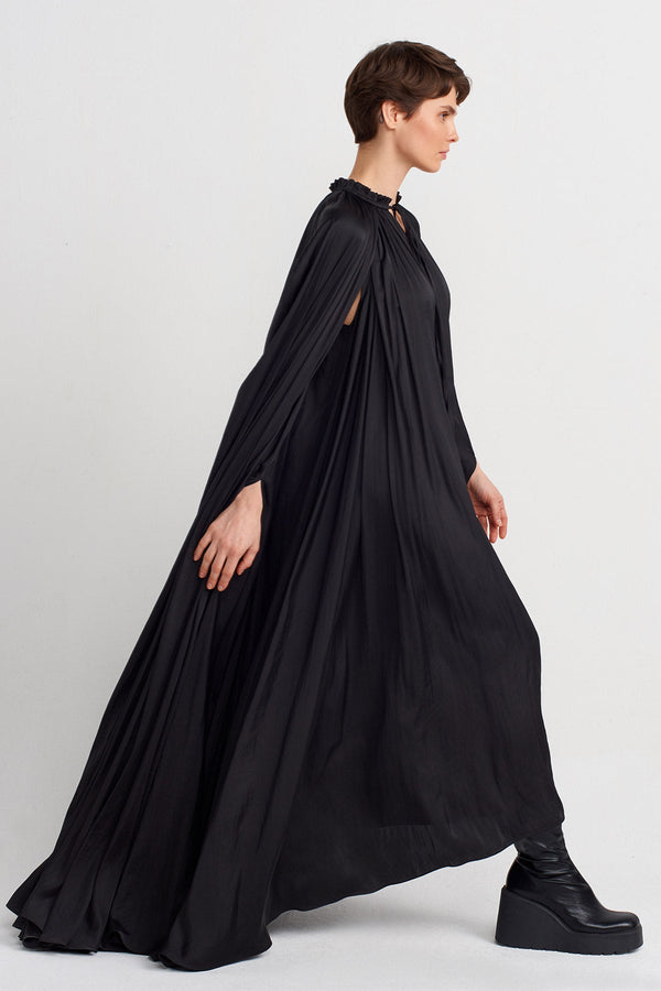 Nu Cape Detail Long Elegant Dress Black