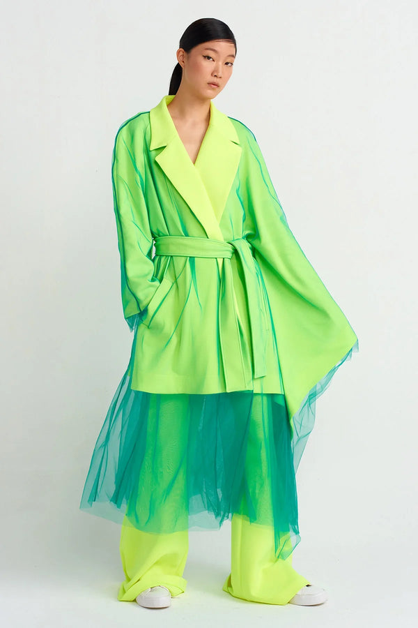 Nu Single Sleeve Poncho, Waist Tie Jacket Green