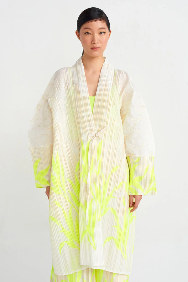 Nu Jacquard Patterned Pleated Kimono Green