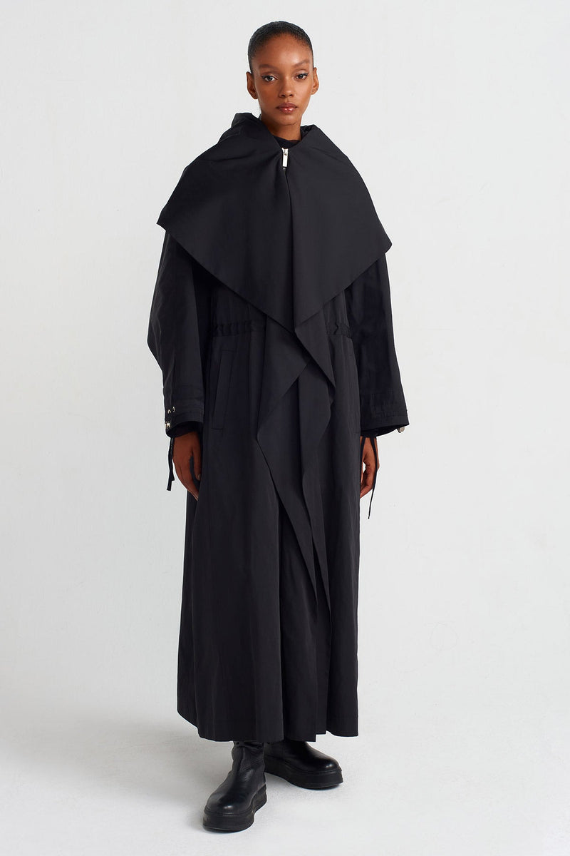 Nu Hooded Long Raincoat Black