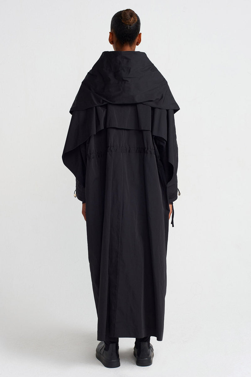 Nu Hooded Long Raincoat Black