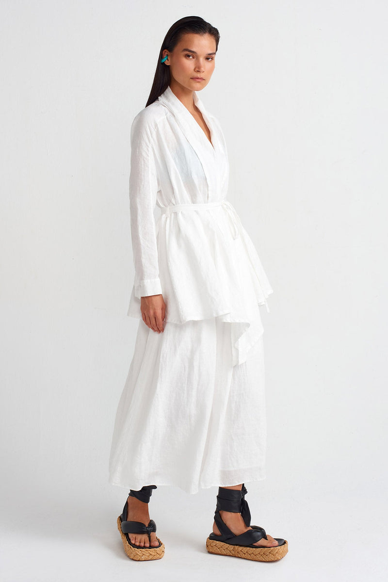 Nu Shawl Collar Belted Linen Blouse Off White