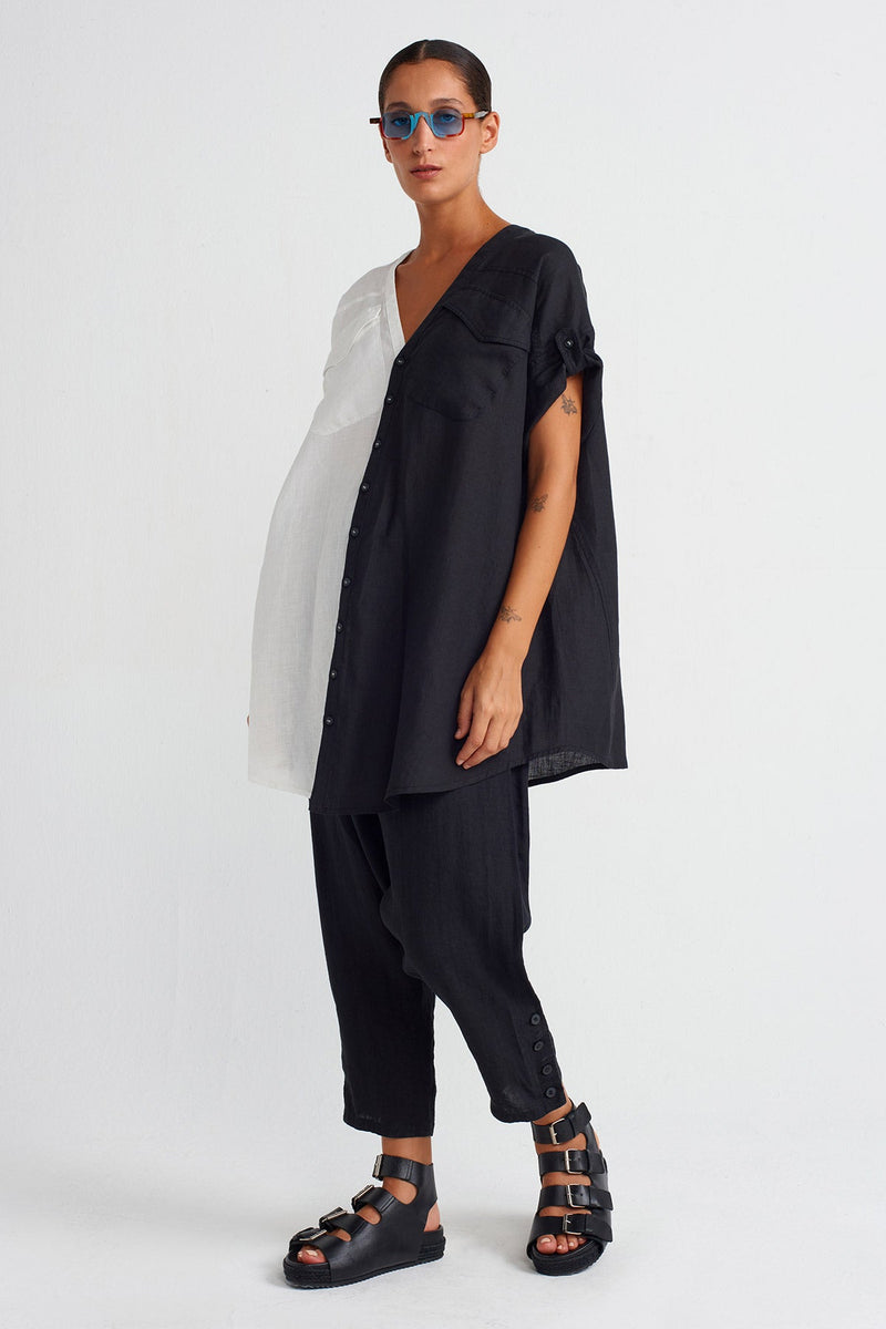 Nu Color Block Linen Blouse Black/Offwhite