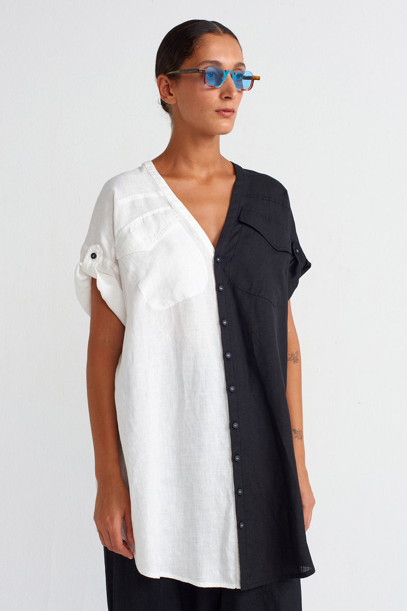 Nu Color Block Linen Blouse Black/Offwhite