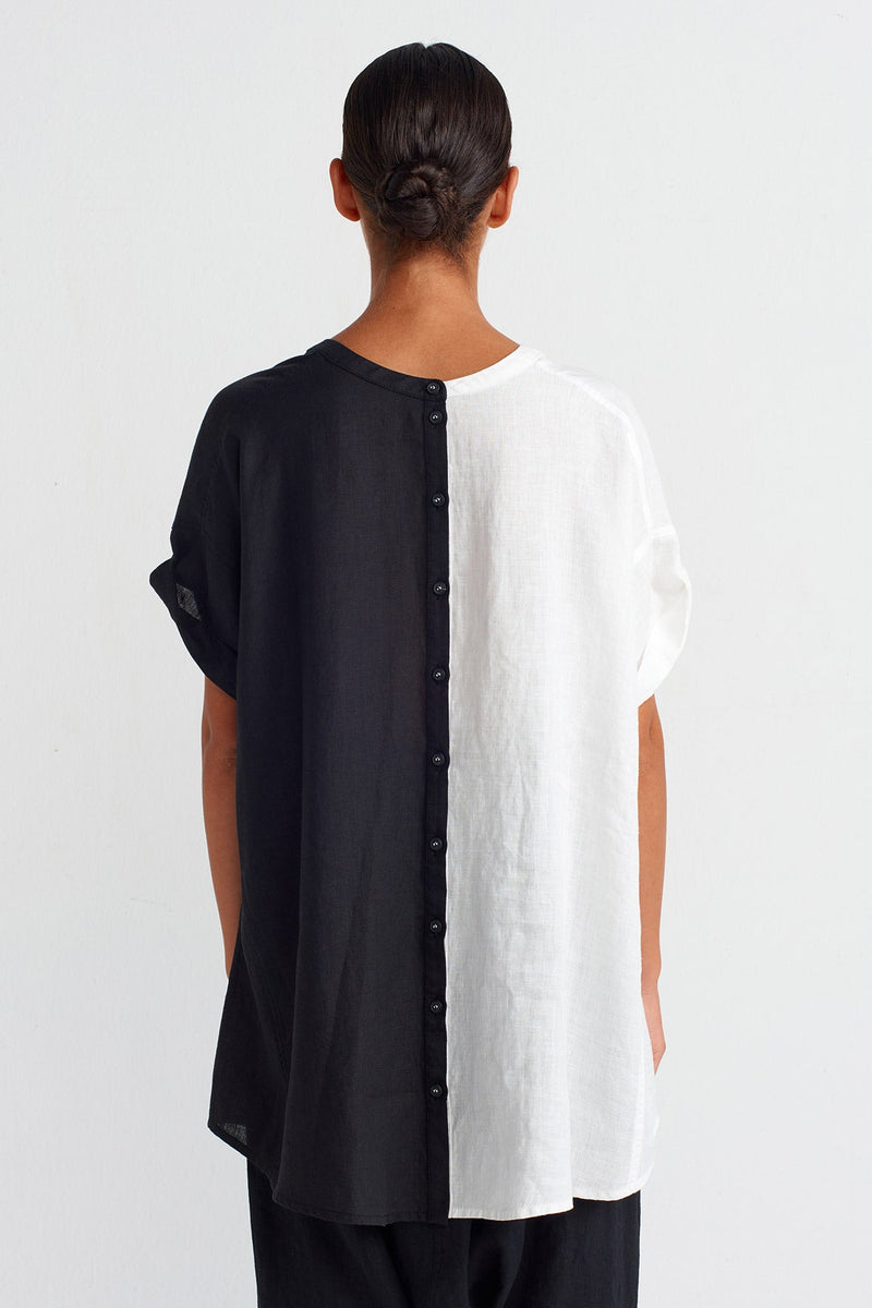 Nu Color Block Linen Blouse Black/Offwhite