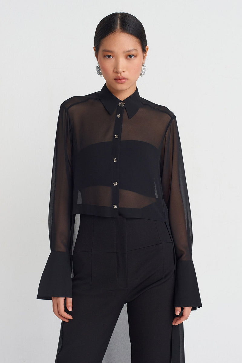 Nu Back-Lengthened Chiffon Shirt Black