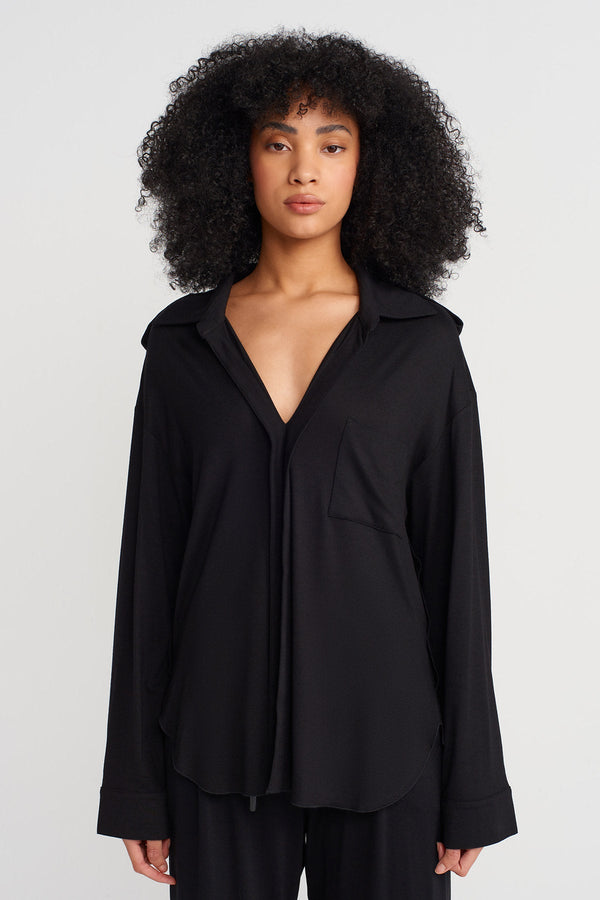 Nu V Shirt Collar Blouse Black