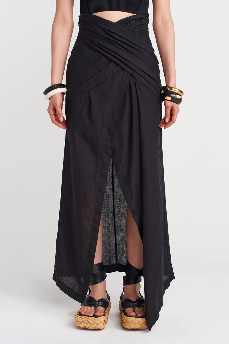 NU Linen Skirt With Draped Waist Black