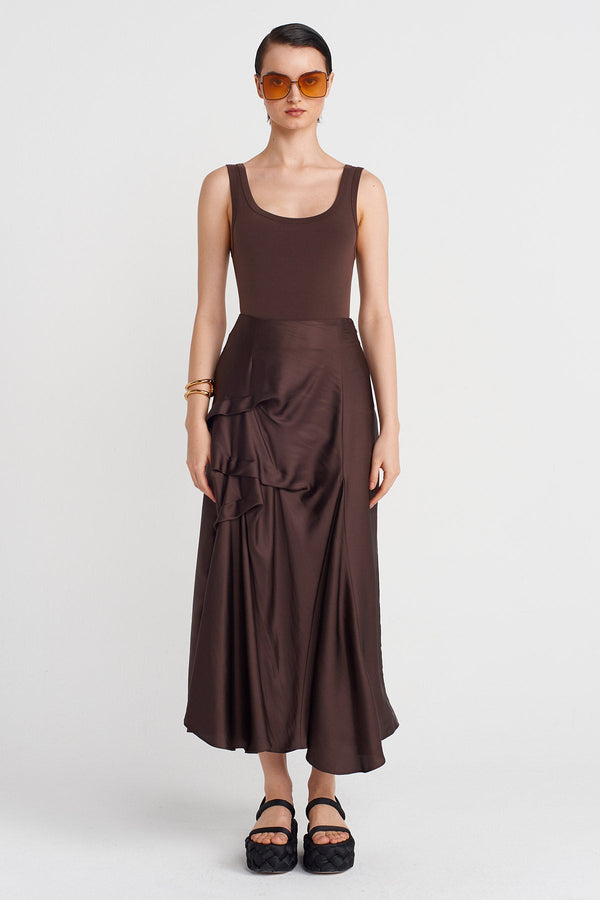 Nu Satin Skirt With Pleated Details Chocolate Brown