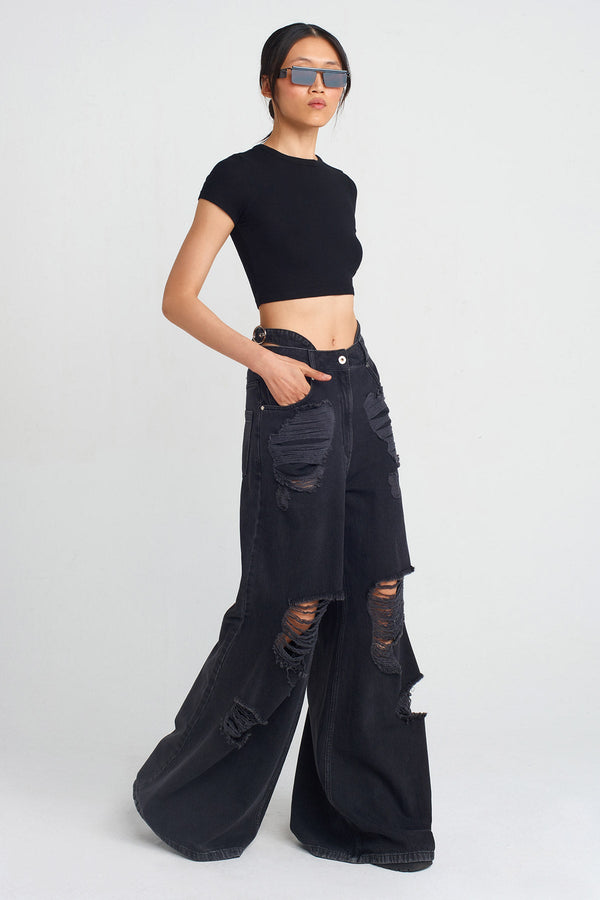 Nu Distressed Detail Denim Pants Black