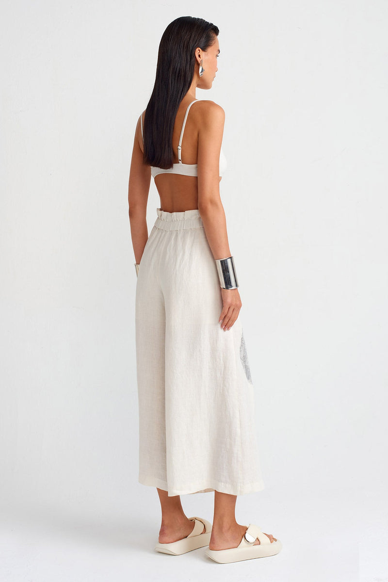 NU Silver Printed Linen Trousers Ecru